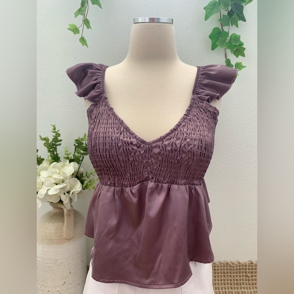 Satin Plum Peplum Ruffle Top - Picture 8 of 10